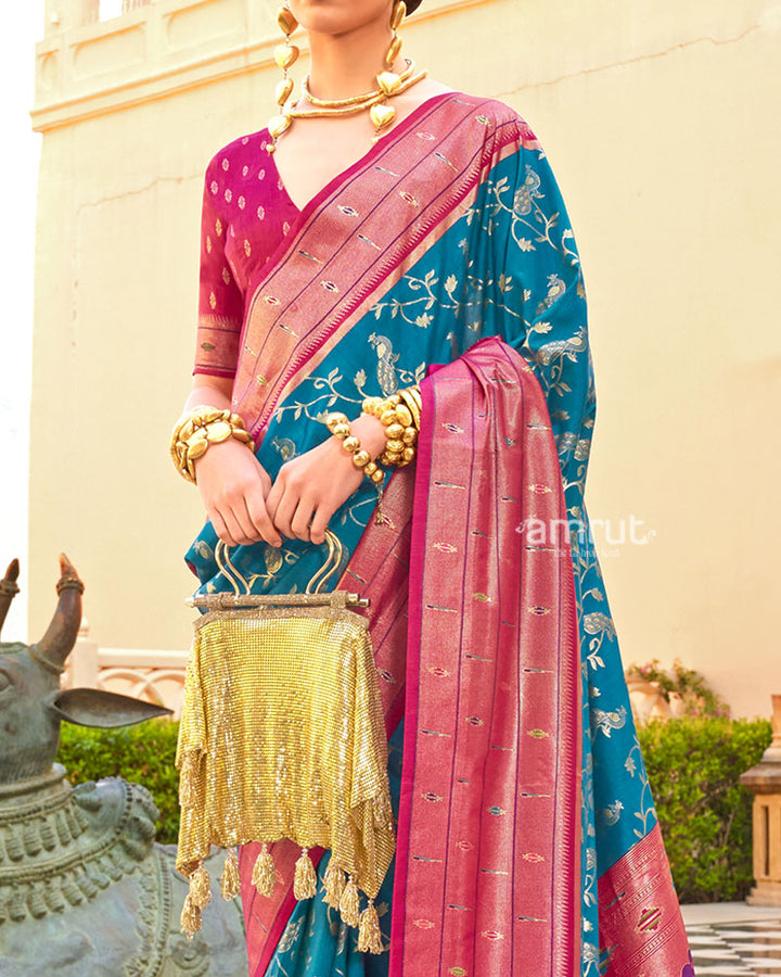 Blue and Pink contrast Border Zari weaving Paithani Silk Saree with Unstitched Blouse 03