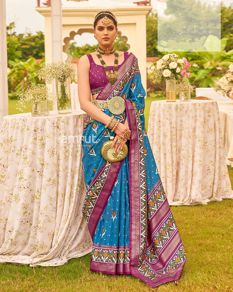 Blue and Purple Printed Patola Silk Saree with Zari Border and Unstitched Blouse 01