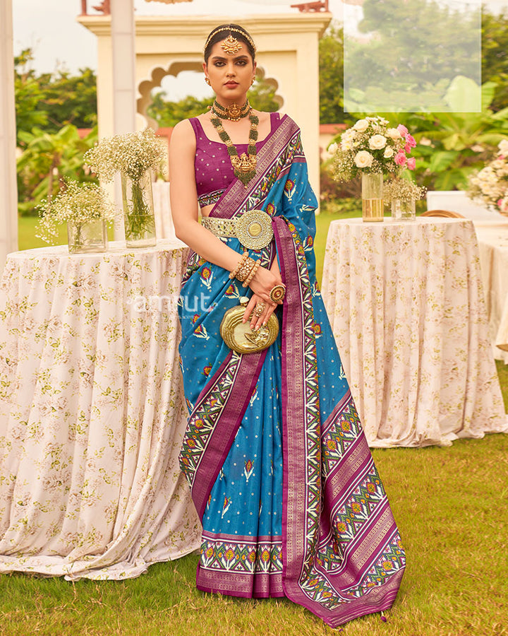 Blue and Purple Printed Patola Silk Saree with Zari Border and Unstitched Blouse 01