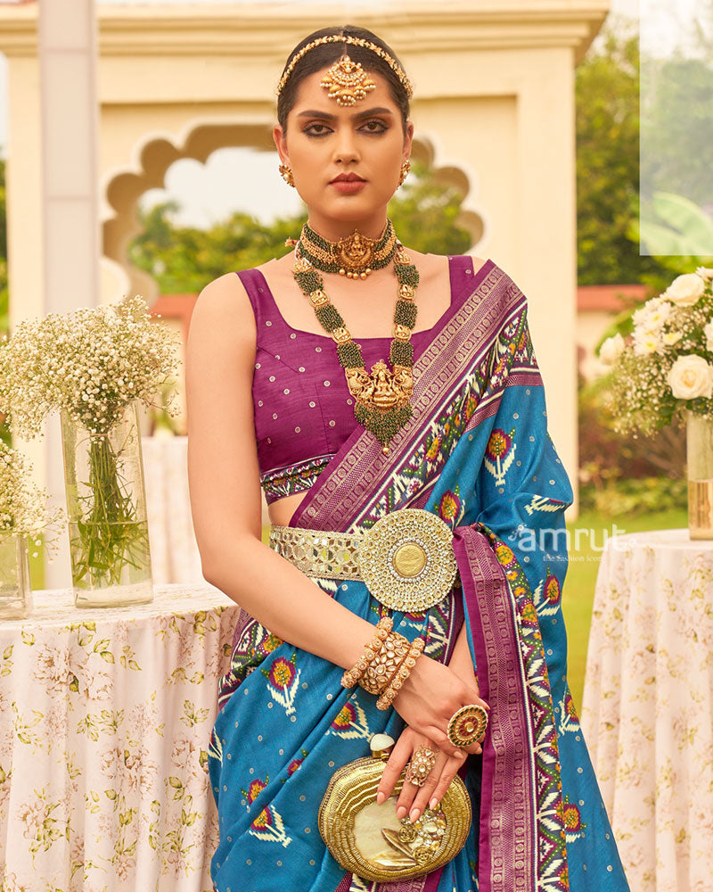Blue and Purple Printed Patola Silk Saree with Zari Border and Unstitched Blouse 02