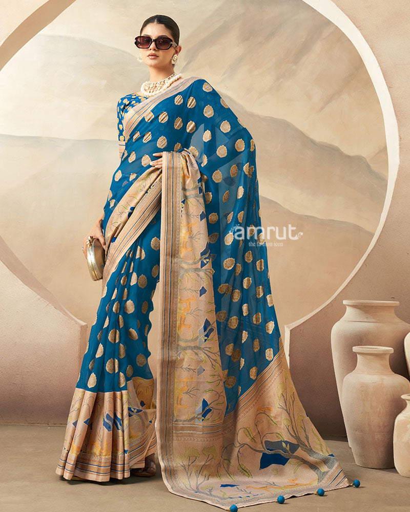 Blue with Golden Polka Dots Nature-Inspired Print Border Georgette Saree and  Unstitched Blouse 01