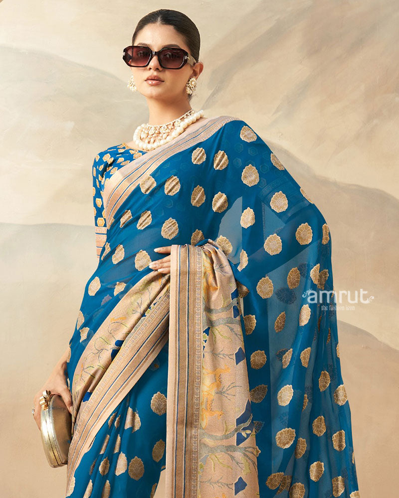 Blue with Golden Polka Dots Nature-Inspired Print Border Georgette Saree and  Unstitched Blouse 02