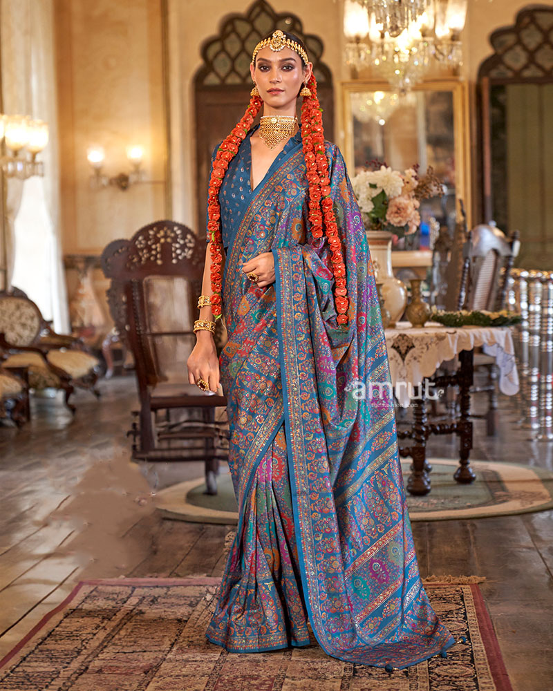 Blue with Multicolored Printed Saree and Unstitched Blouse 01