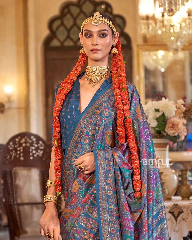 Blue with Multicolored Printed Saree and Unstitched Blouse 02