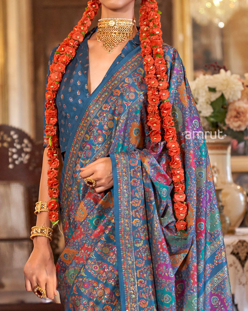 Blue with Multicolored Printed Saree and Unstitched Blouse 03