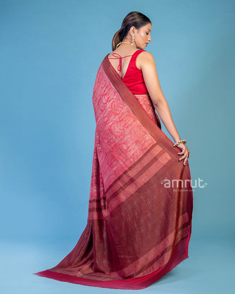 Blush Red Tissue Handwoven Dual Borders And Zari Motifs Saree with Unstitched Blouse