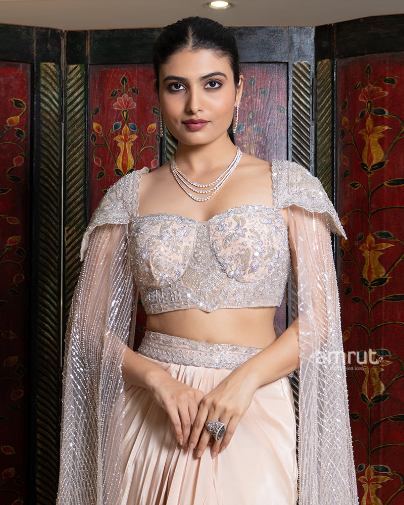 Blush Draped Skirt Set with Embellished Cape Blouse 02