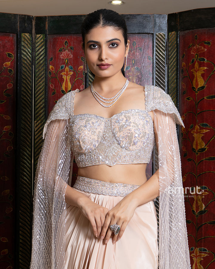 Blush Draped Skirt Set with Embellished Cape Blouse 02