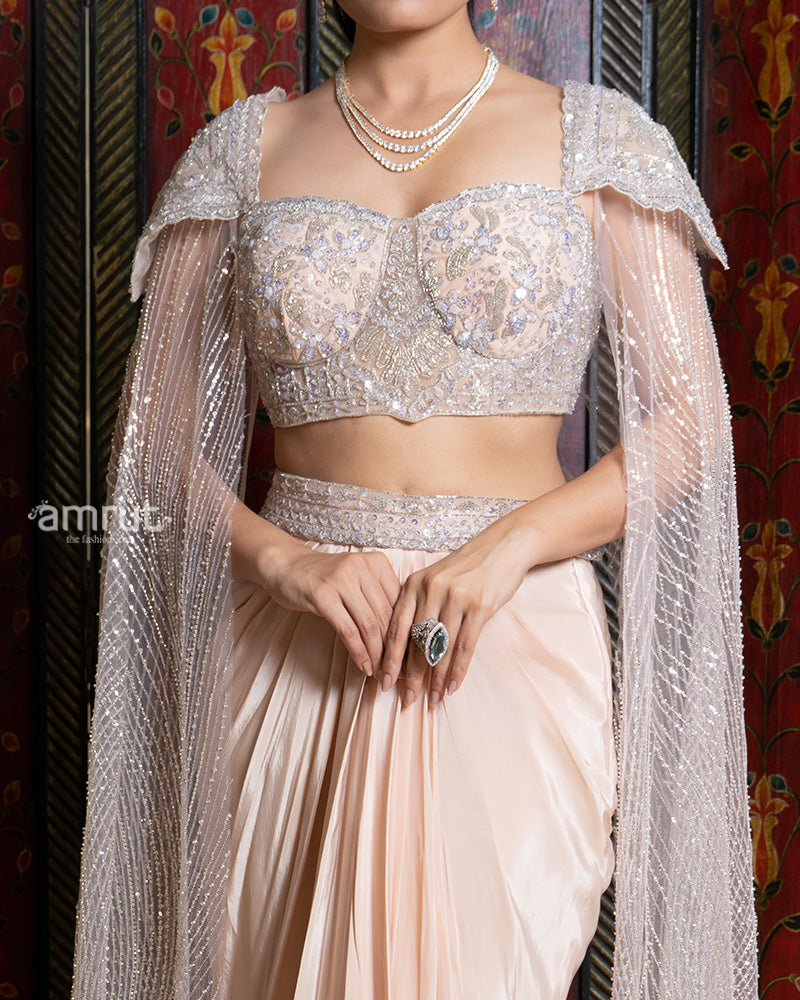 Blush Draped Skirt Set with Embellished Cape Blouse 03