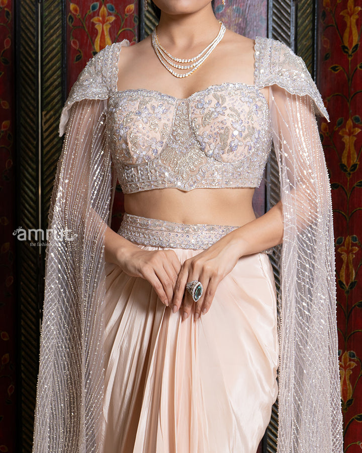 Blush Draped Skirt Set with Embellished Cape Blouse 03