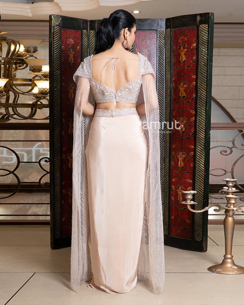 Blush Draped Skirt Set with Embellished Cape Blouse 05