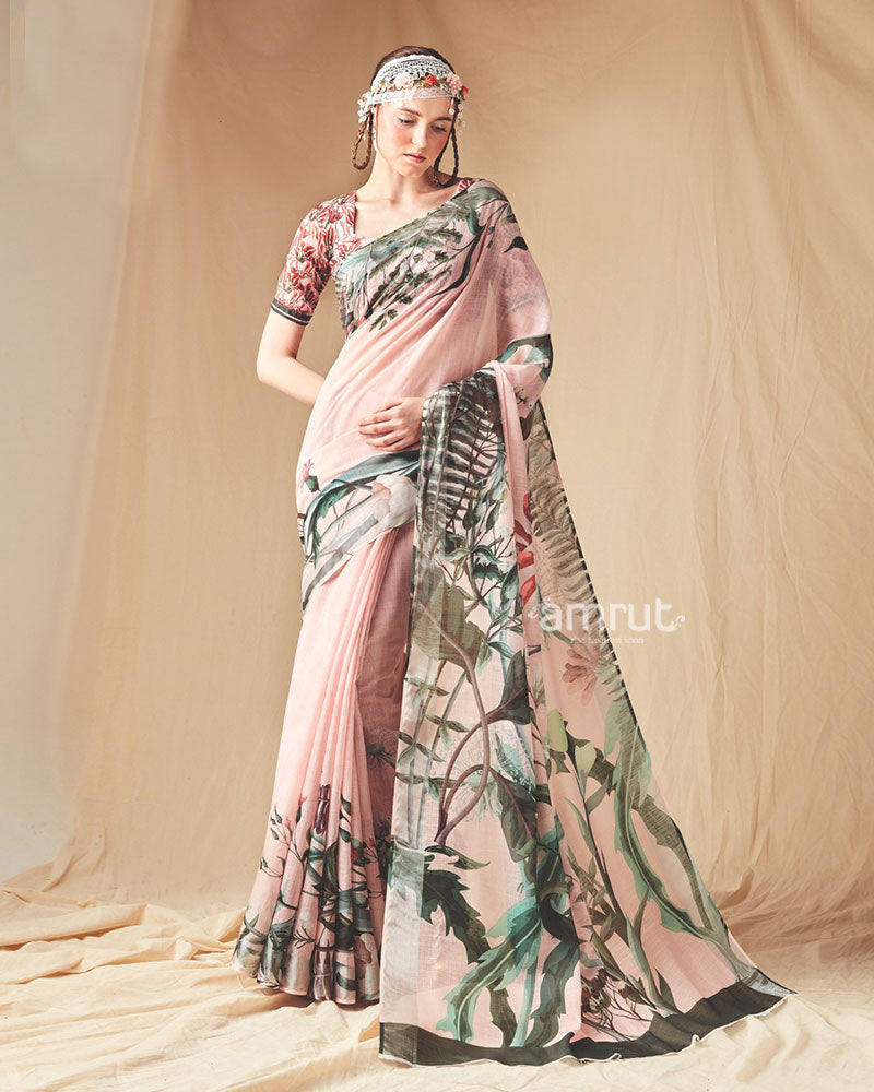 Blush Pink Abstract Printed Saree with Unstitched Blouse 01