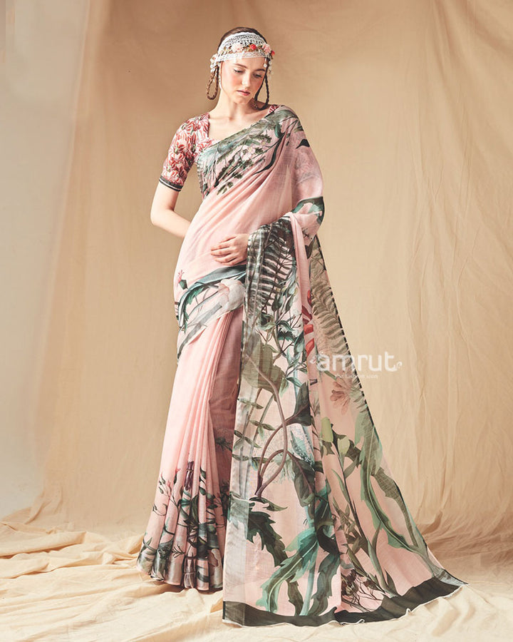 Blush Pink Abstract Printed Saree with Unstitched Blouse 01