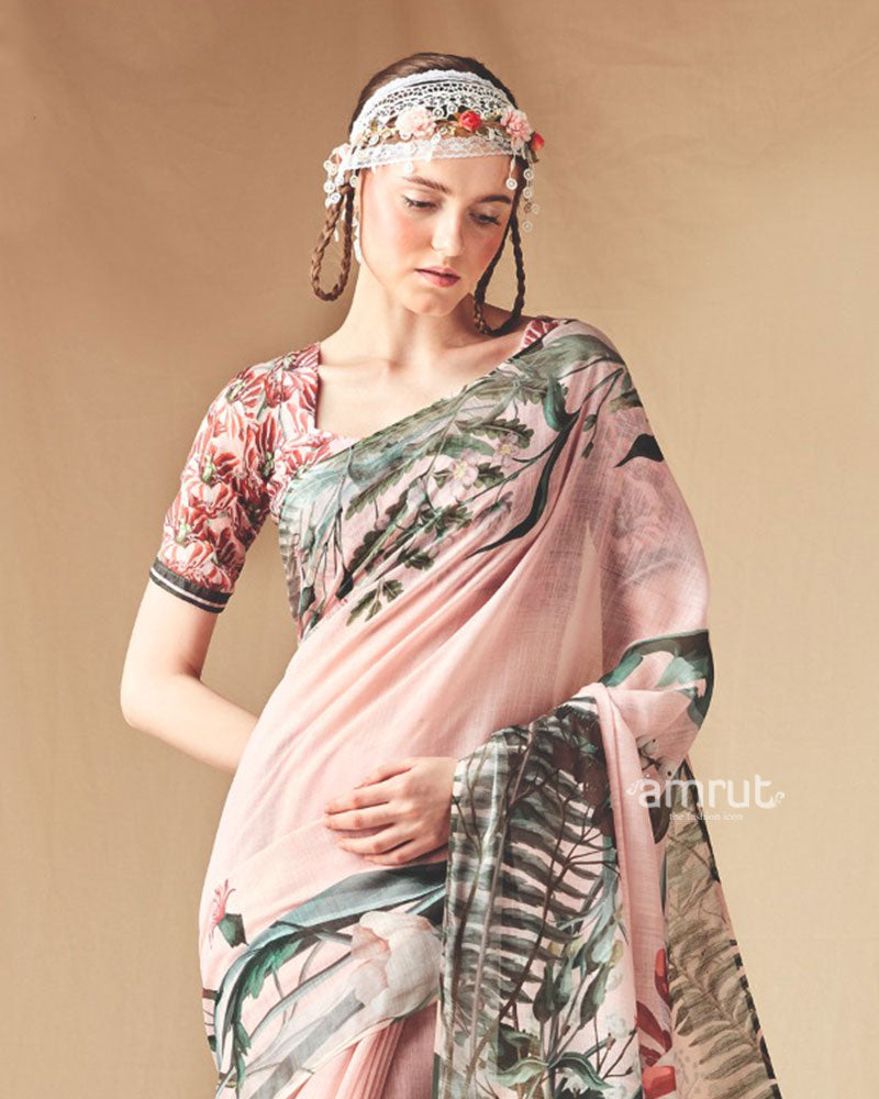 Blush Pink Abstract Printed Saree with Unstitched Blouse 02