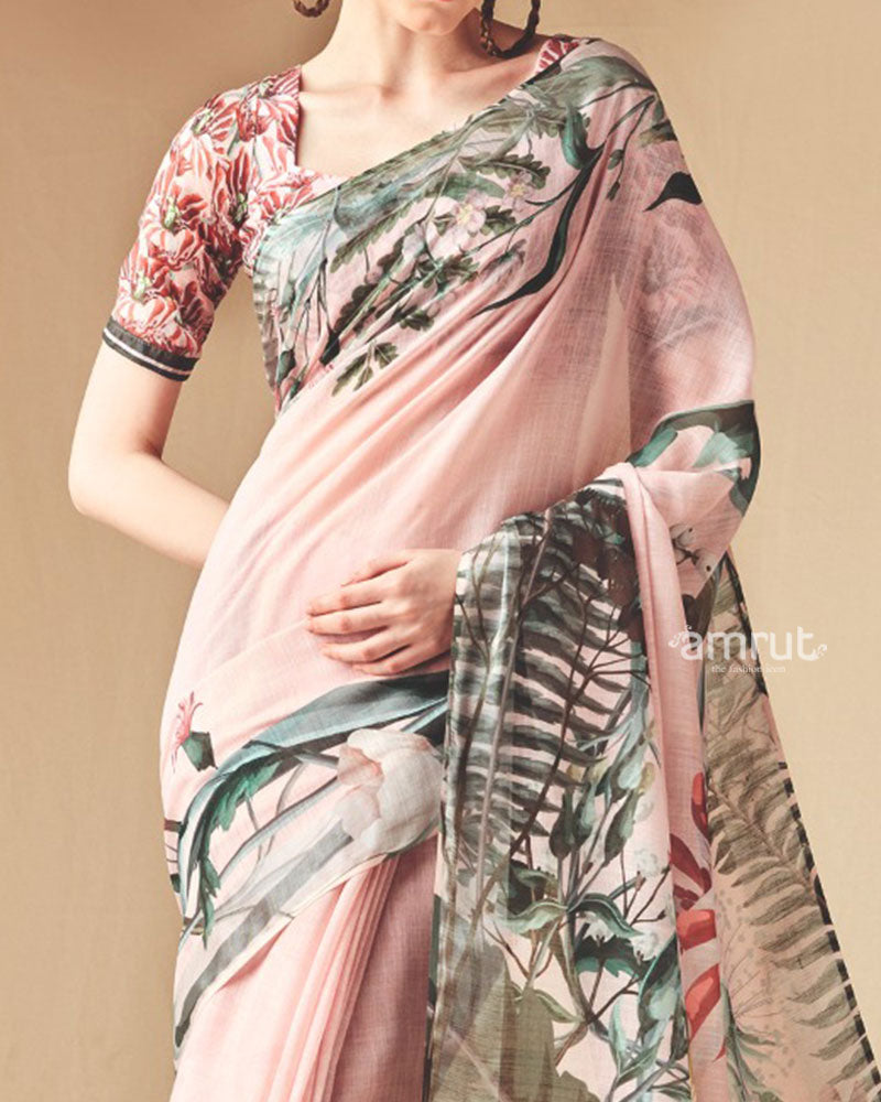 Blush Pink Abstract Printed Saree with Unstitched Blouse 03