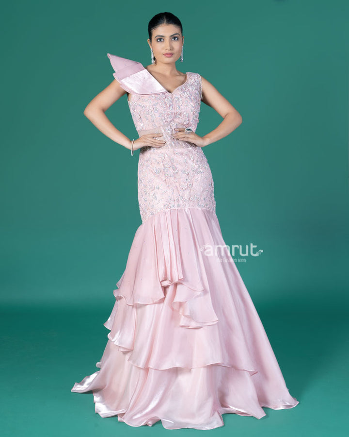 Blush Pink Belle Asymmetrical Embellished Gown 01