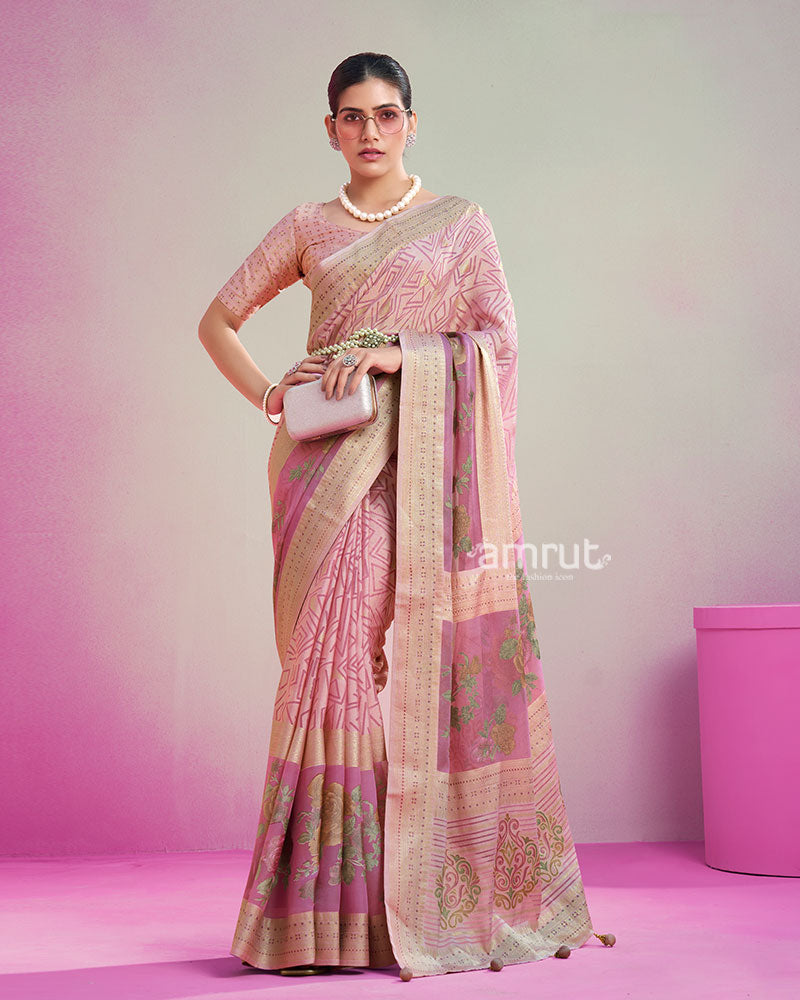Blush Pink Printed Saree with Unstitched Blouse 01