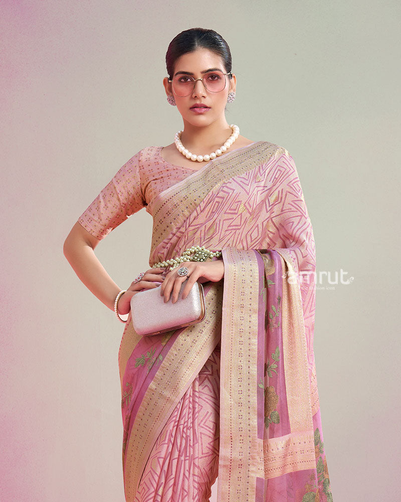Blush Pink Printed Saree with Unstitched Blouse 02