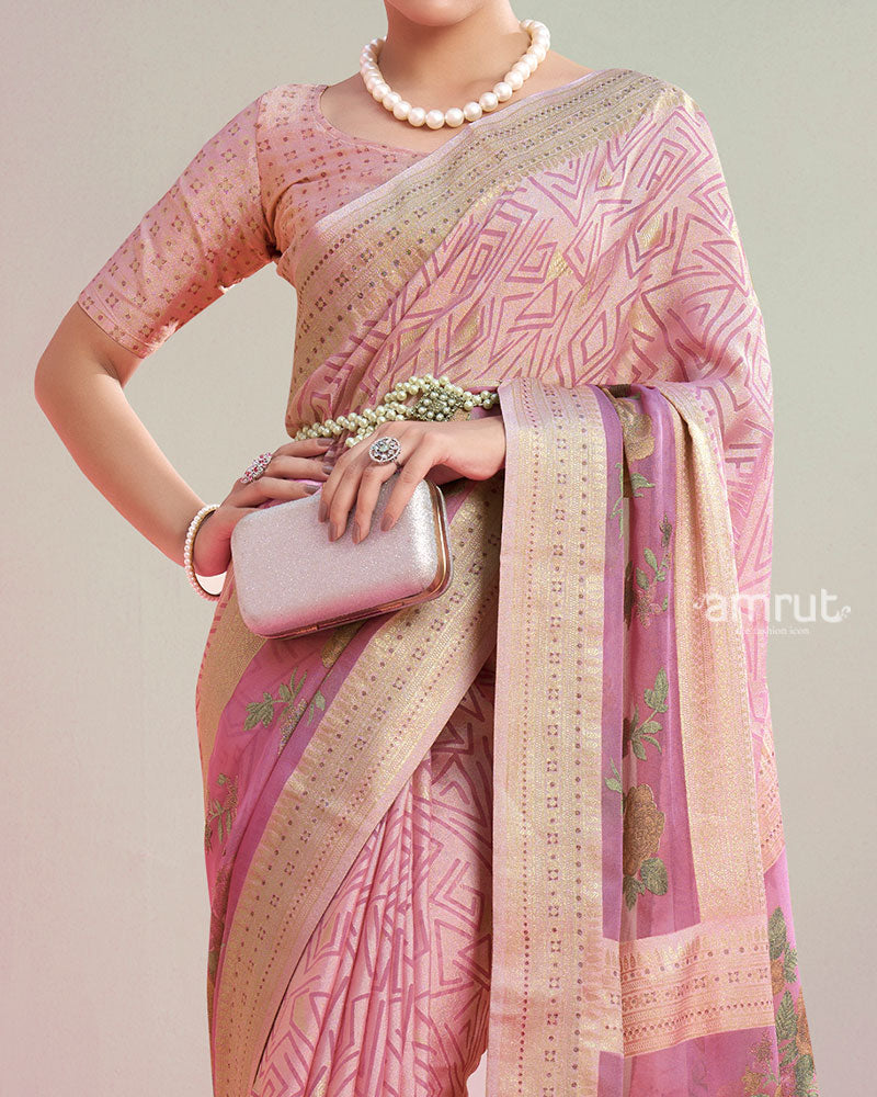Blush Pink Printed Saree with Unstitched Blouse 03