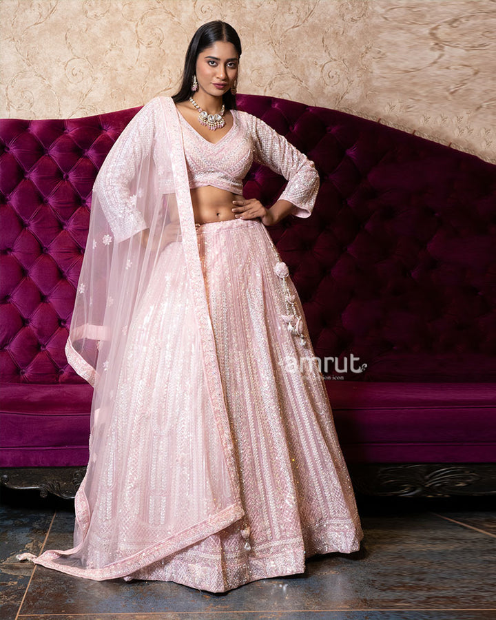 Blush Pink Sequin Embroidered Designer Lehenga Set with Net Dupatta 01