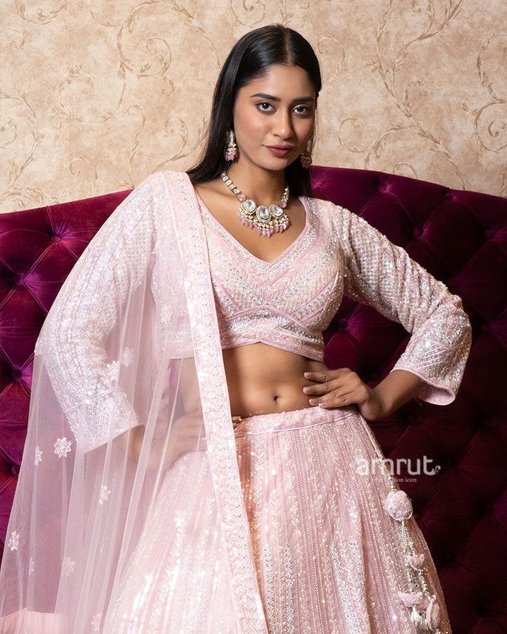 Blush Pink Sequin Embroidered Designer Lehenga Set with Net Dupatta 02