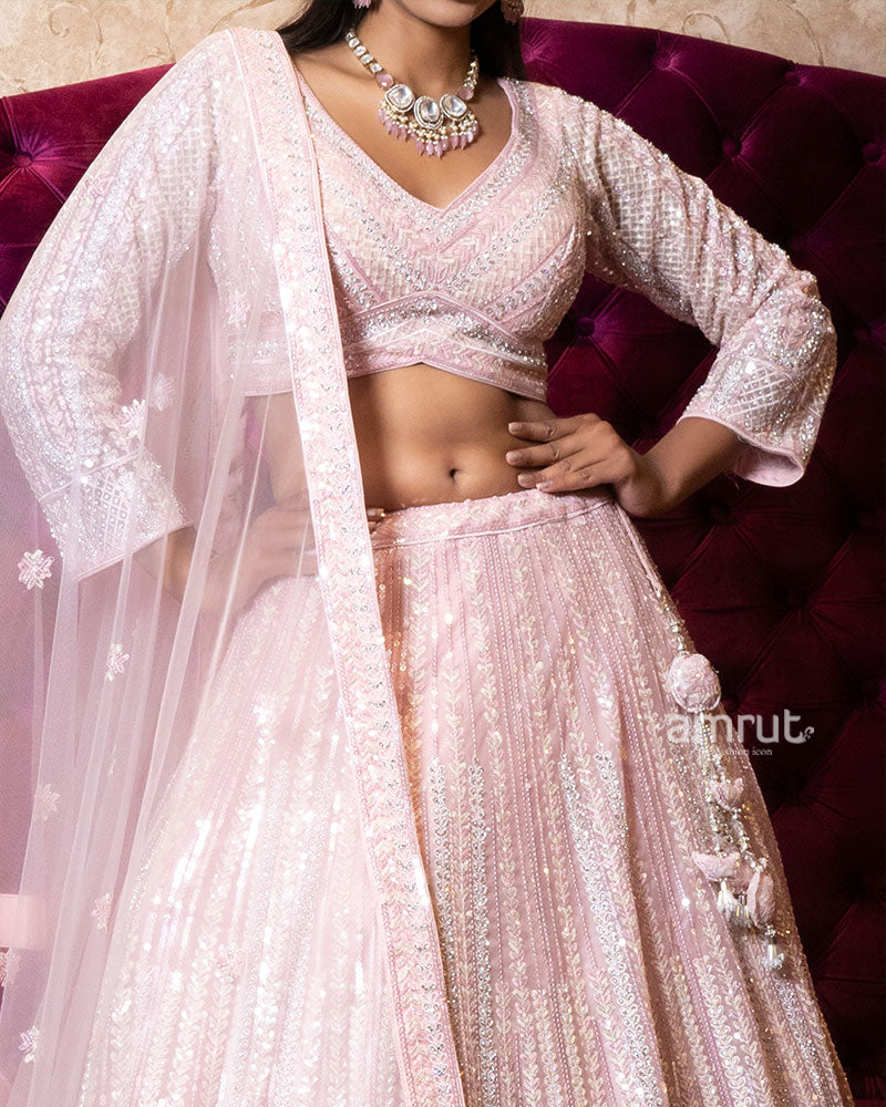 Blush Pink Sequin Embroidered Designer Lehenga Set with Net Dupatta 03