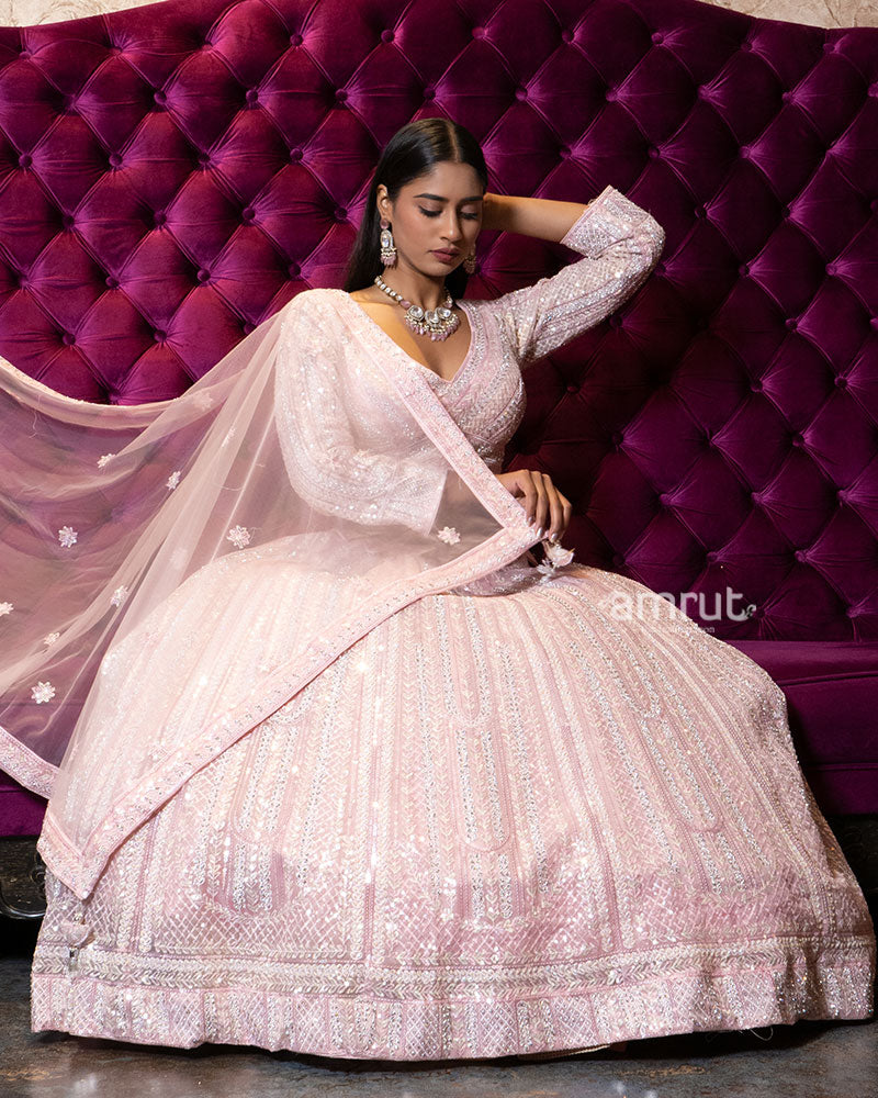 Blush Pink Sequin Embroidered Designer Lehenga Set with Net Dupatta 04