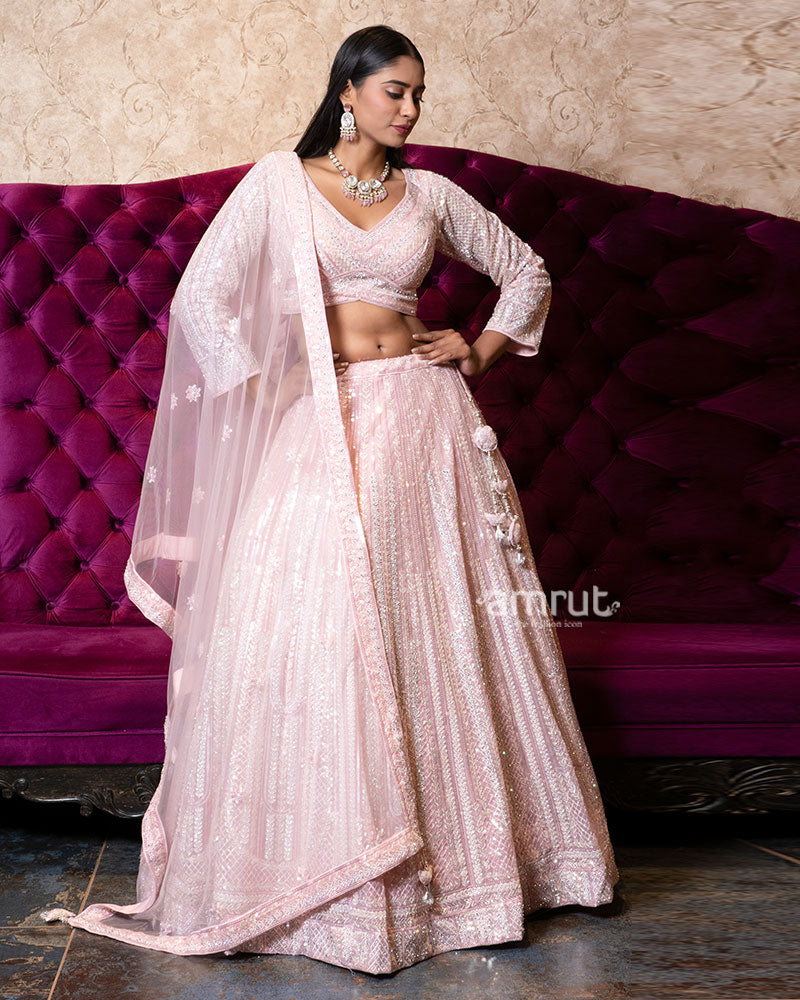 Blush Pink Sequin Embroidered Designer Lehenga Set with Net Dupatta 05