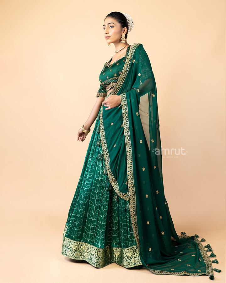 Bottle Green Lehenga Choli with Net Dupatta