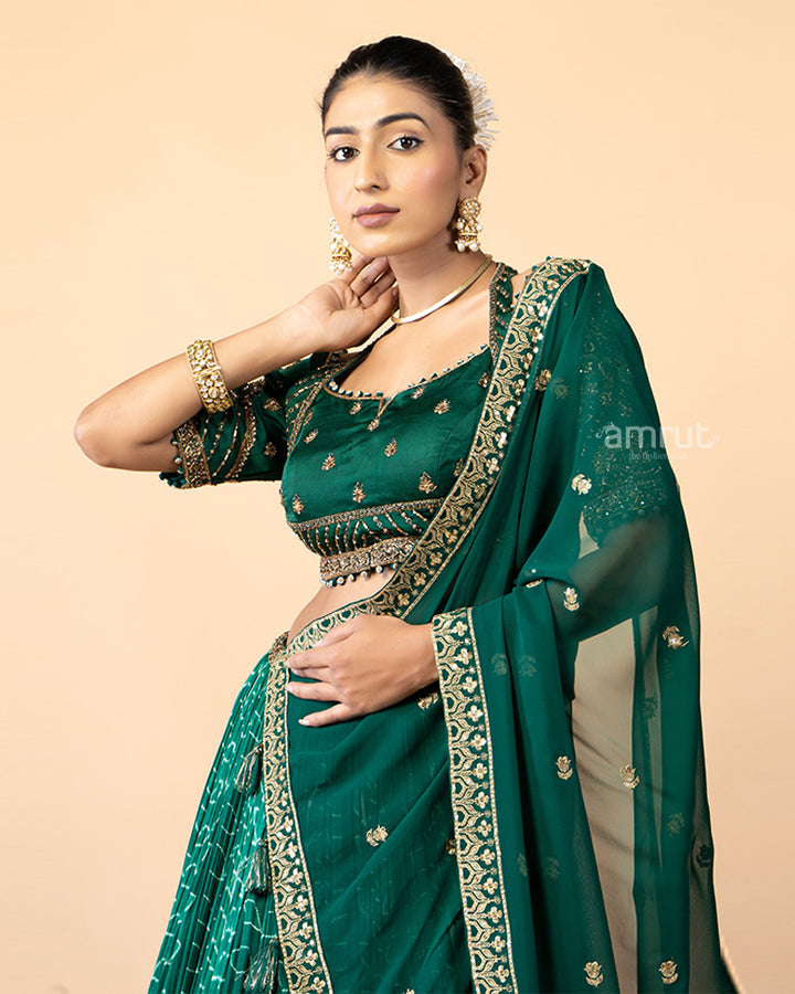 Bottle Green Lehenga Choli with Net Dupatta