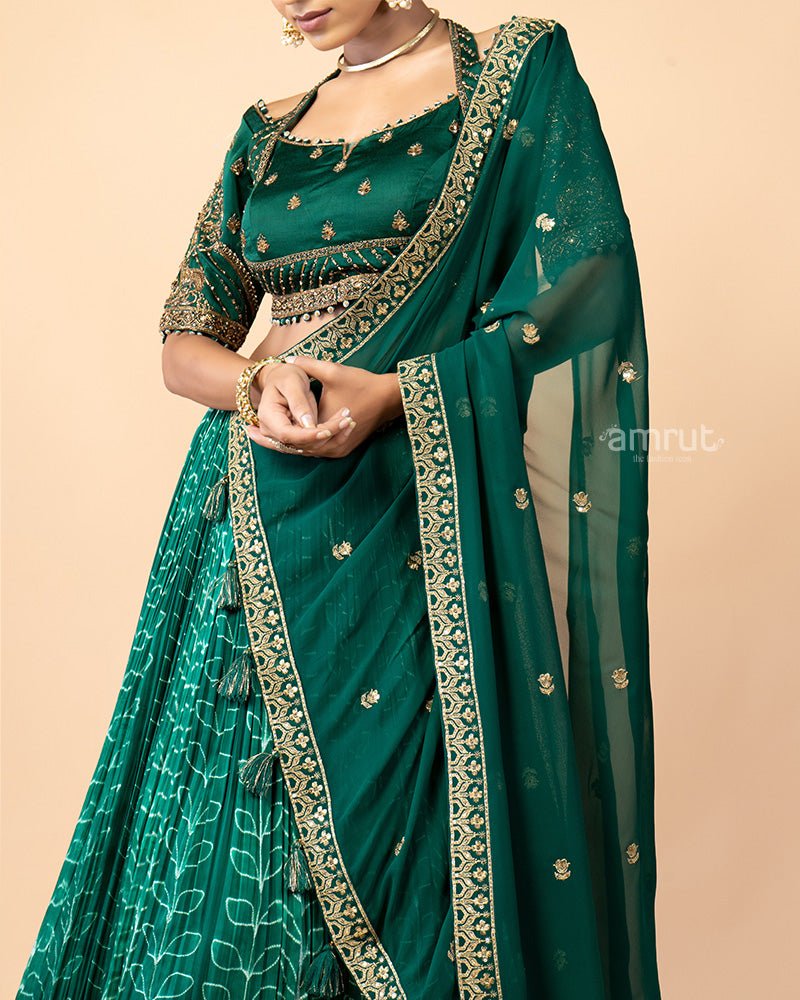 Bottle Green Lehenga Choli with Net Dupatta