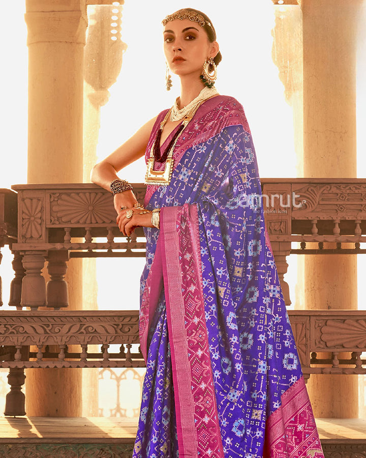 Bright Blue Saree in Pure Cotton Silk With Handloom Patola Ikat Weave