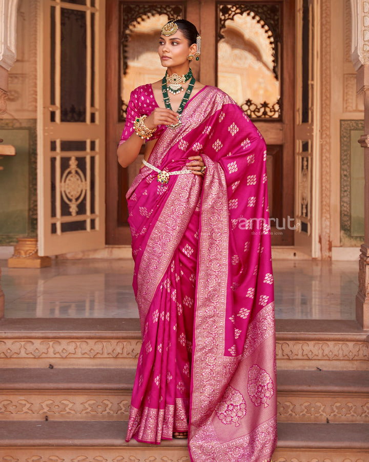 Bright Pink Foil Printed Silk Saree With Floral Printed Pallu and Tassel