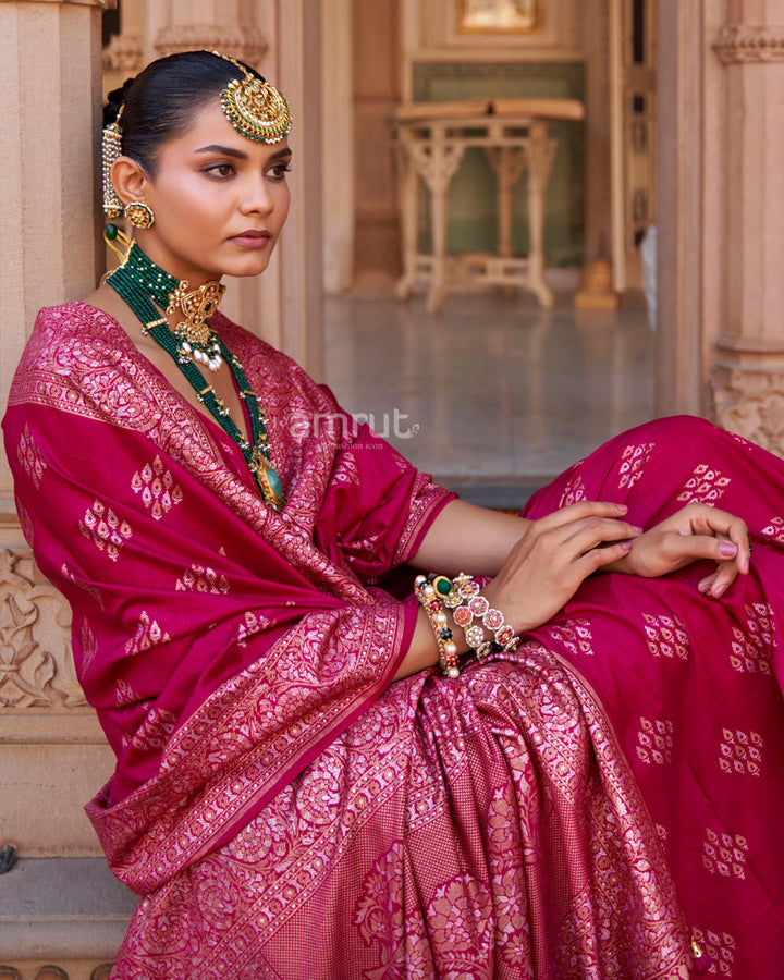 Bright Pink Foil Printed Silk Saree With Floral Printed Pallu and Tassel