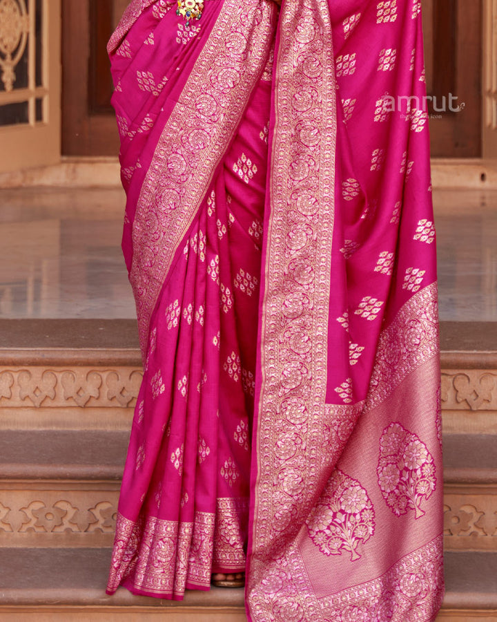 Bright Pink Foil Printed Silk Saree With Floral Printed Pallu and Tassel