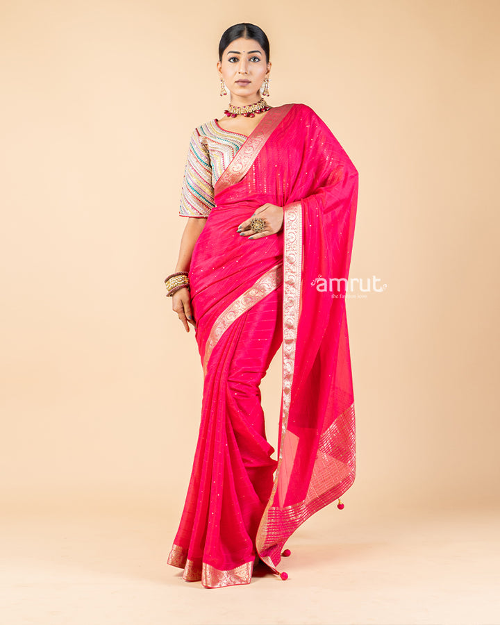 Bright Red Chiffon Saree With Stitched Blouse