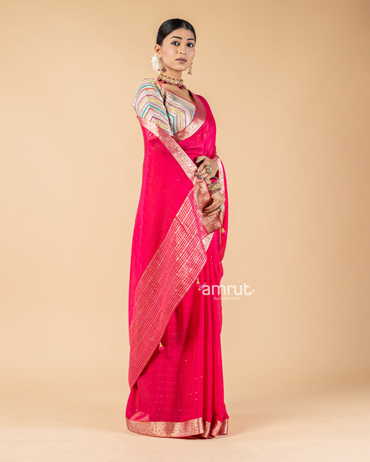 Bright Red Chiffon Saree With Stitched Blouse