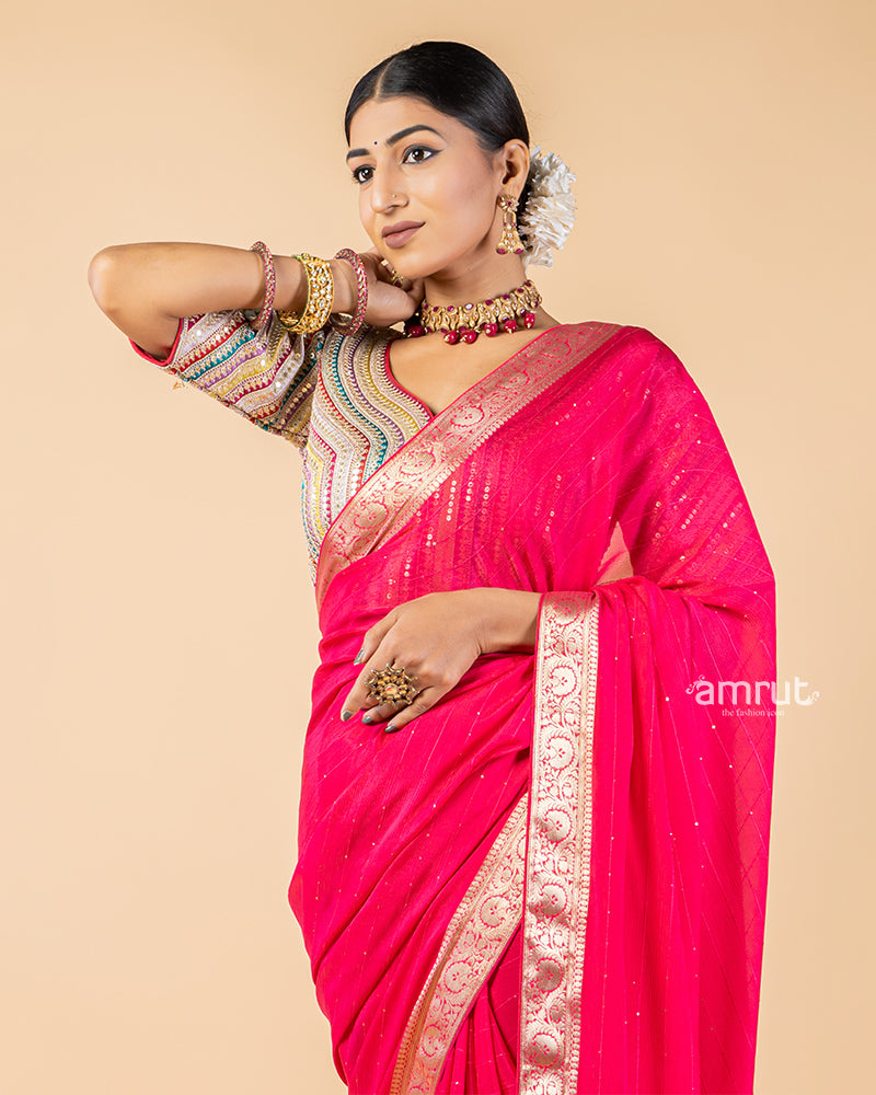 Bright Red Chiffon Saree With Stitched Blouse