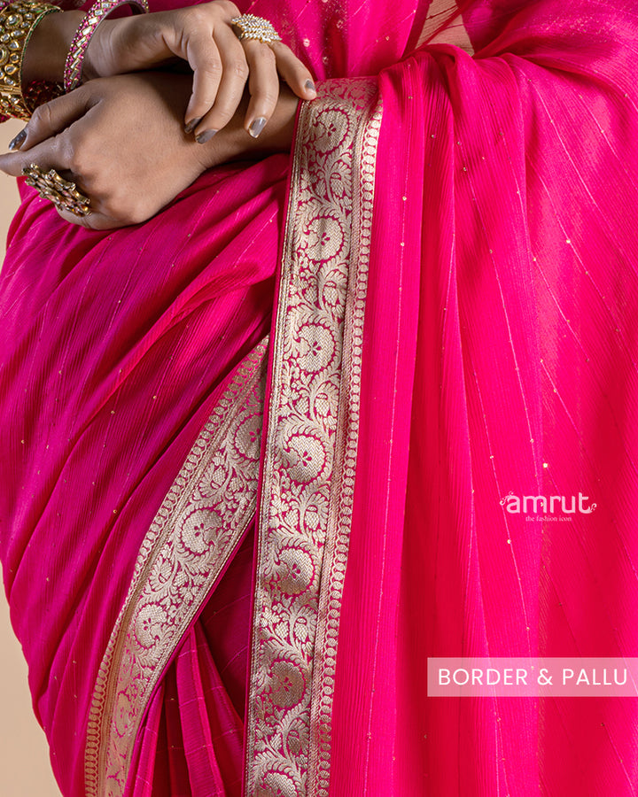 Bright Red Chiffon Saree With Stitched Blouse