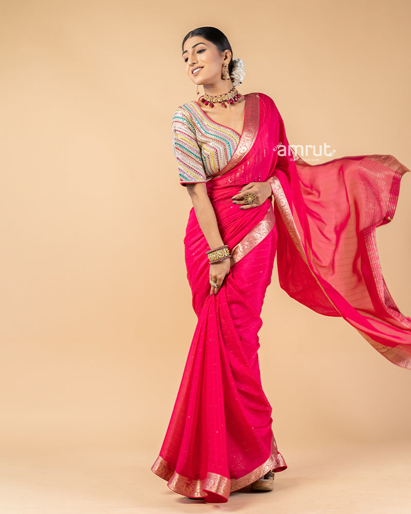 Bright Red Chiffon Saree With Stitched Blouse