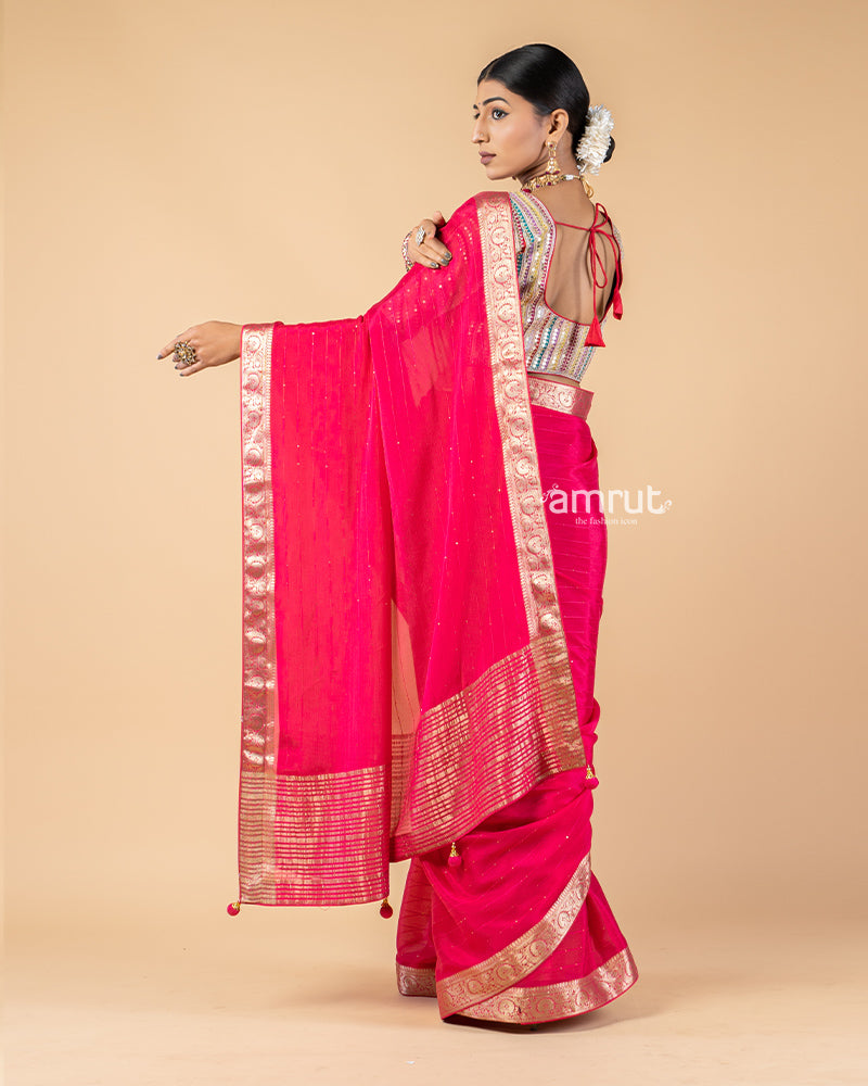 Bright Red Chiffon Saree With Stitched Blouse