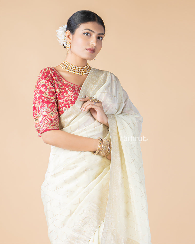 Bright White Chiffon Saree With Fine Stitched Blouse