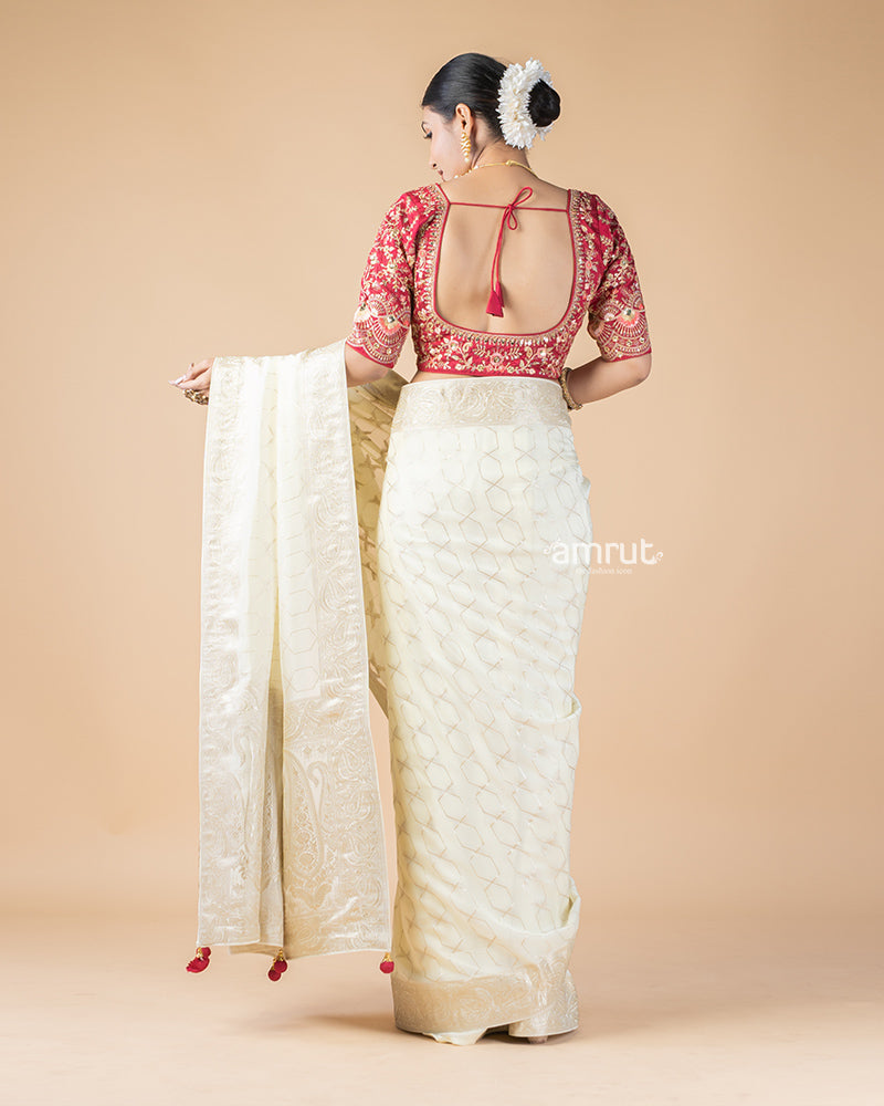 Bright White Chiffon Saree With Fine Stitched Blouse