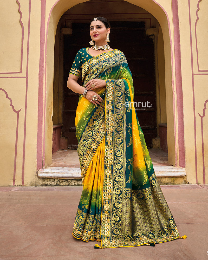 Bright Yellow Dola Silk Saree With Unstitched Blouse