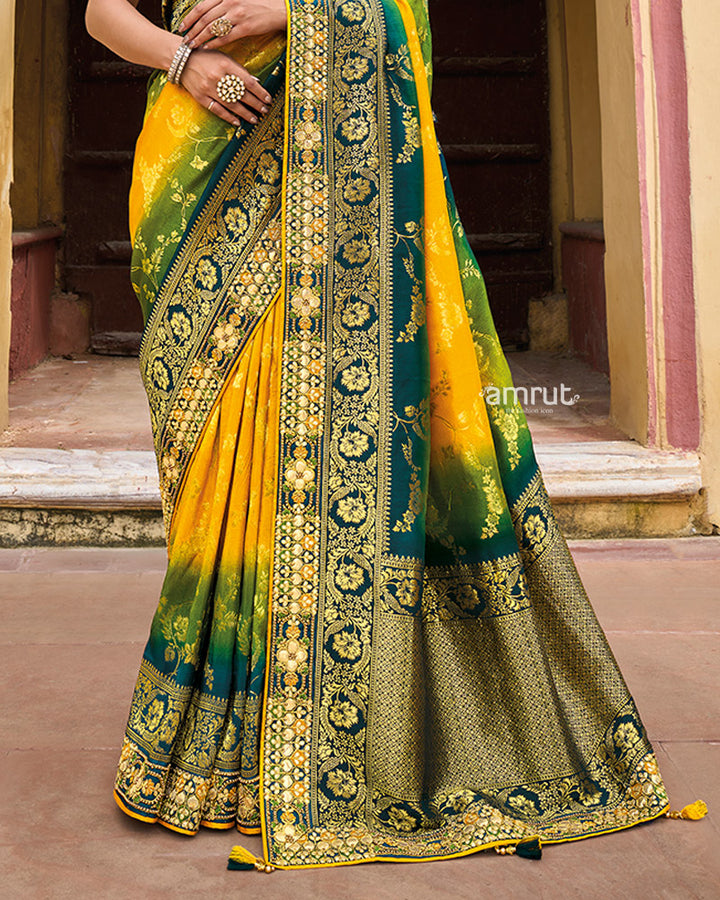 Bright Yellow Dola Silk Saree With Unstitched Blouse