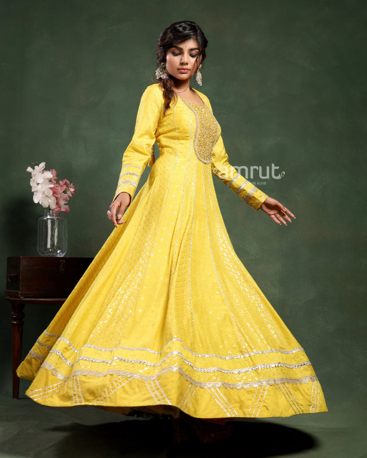 Bright Yellow Gown in Raw Silk with Mirror Work Detail