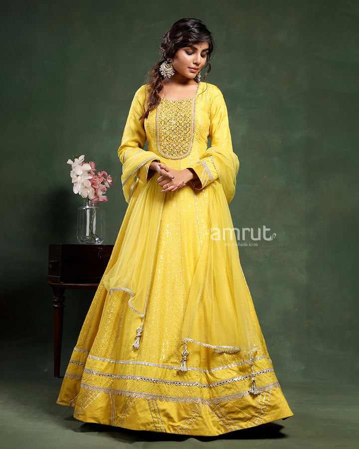 Bright Yellow Gown in Raw Silk with Mirror Work Detail