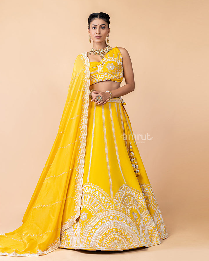 Bright Yellow Unstitched Embroidered Lehenga With Dupatta