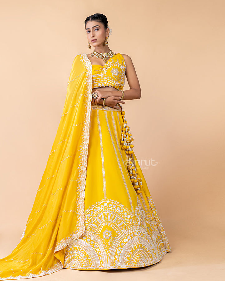 Bright Yellow Unstitched Embroidered Lehenga With Dupatta