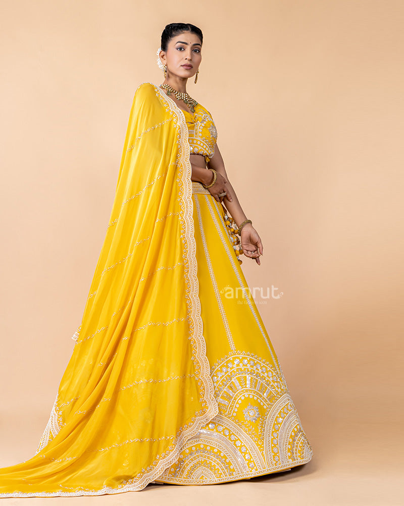 Bright Yellow Unstitched Embroidered Lehenga With Dupatta